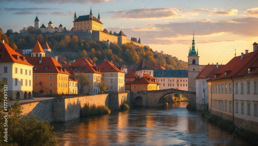 Fototapeta premium Krom???? Czech Republic Aerial View: River, Castle, Historic Architecture at Sunset