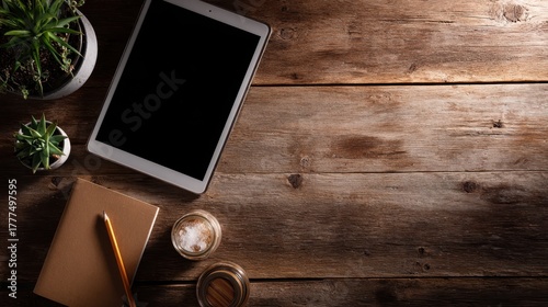 Rural Education Technology. A tablet, notebook, pen, and plant arranged on a rustic wooden surface.