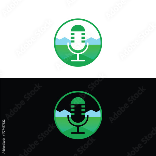 Nature podcast logo with microphone and landscape isolated on white background, a vibrant and engaging design for audio content creators, perfect for branding and promotion
