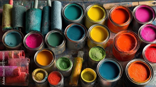  paint rollers and open paint cans