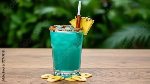 Refreshing blue cocktail with pineapple and banana chips on a tropical background