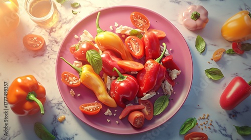 Fototapeta Naklejka Na Ścianę i Meble -  Vibrant platter of colorful peppers with condiments