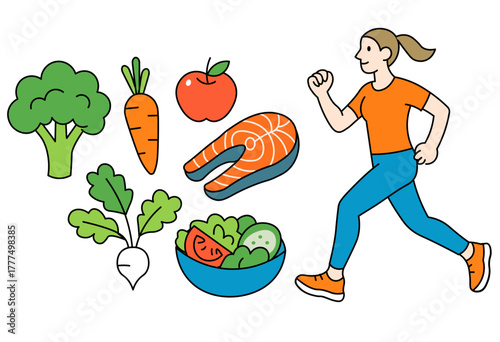 Healthy lifestyle with balanced diet and regular exercise illustration for wellness, nutrition, and fitness concepts