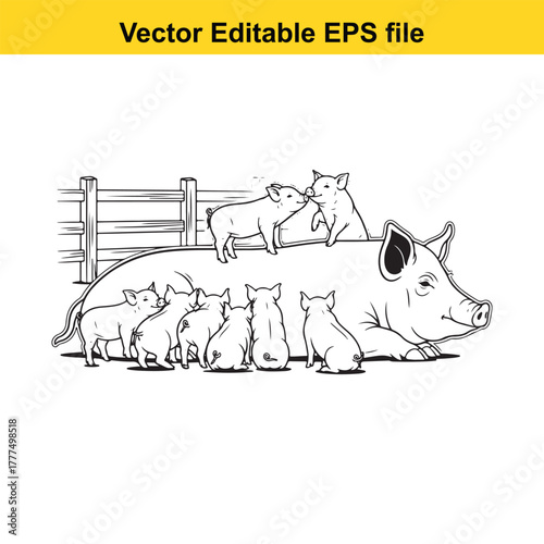 A mother pig lying down with her piglets playing on and around her, line art illustration