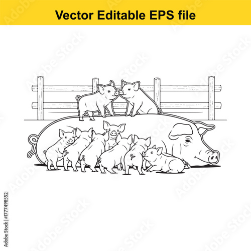 A group of piglets interacting with each other around a mother pig, line art illustration