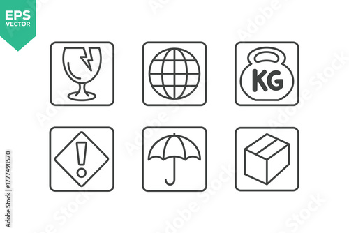 Set Of Packing Symbol Line Icons. The set includes a shipping, fragile, service to protect from the sun, processing, protected from moisture and more. stock illustration stock illustration