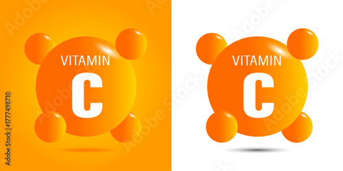 Two icons of vitamin C surrounded by colorful spheres.