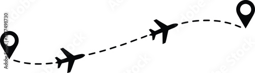 Travel route with airplane icons and location markers a simple silhouette