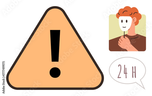 Exclamation alert sign, individual with mask symbolizing identity or deception, and 24-hour timeline in bubble. Ideal for caution, alert, urgency, time management, deceit, identity responsibility