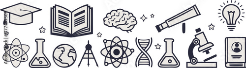 a clean vector-style illustration of various education and science icons arranged in a neat horizontal line, including graduation cap, diploma scroll, open book, notebook, brain, light bulb, atom, tel