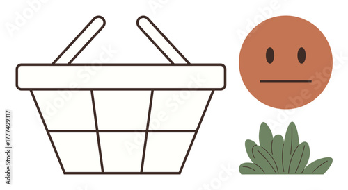 Empty basket with no items, neutral face expressing indifference, and small plant piece. Ideal for consumer behavior, sustainability, minimalism, eco-conscious lifestyle, decision-making, shopping