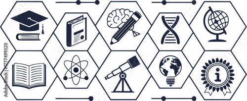 a clean vector-style illustration of various education and science icons arranged in a neat horizontal line, including graduation cap, diploma scroll, open book, notebook, brain, light bulb, atom, tel