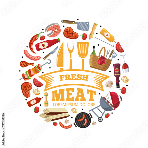 BBQ. circle shape template with flat illustration of bbq tools. butchery market concept