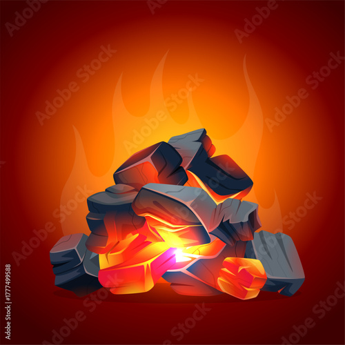 Burning coals. pile coals for fireplace on picnic