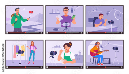 Blogger. video player frame with vlogging characters musicians, reviews, traveller and cooking