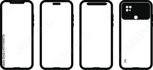 Modern smartphone designs front and back views  collection of four smartphone outlines showing different front and back designs with blank screens and camera modules.