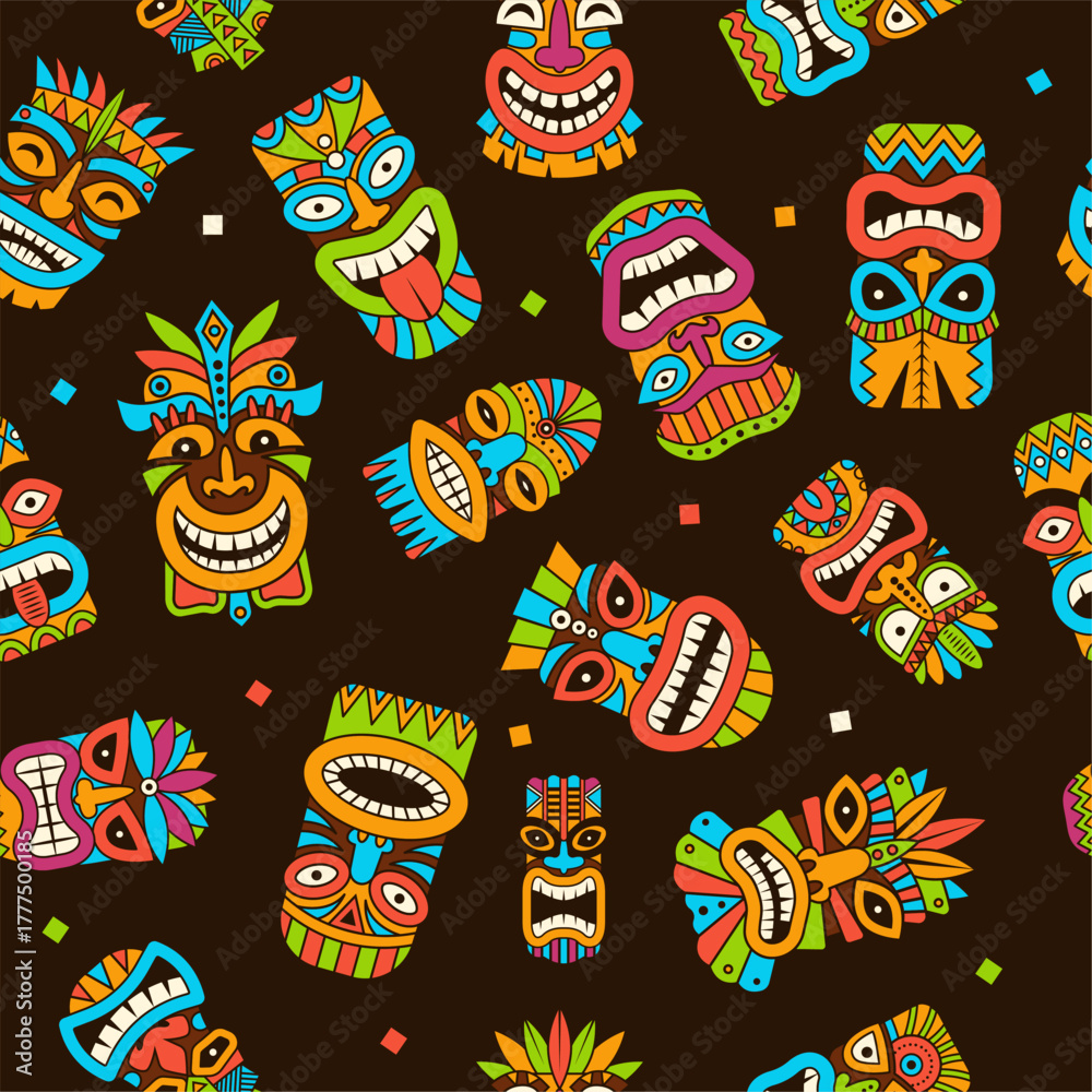 Fototapeta premium Tribal mask pattern. tiki mask collection. vector seamless background