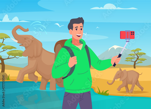 Selfie. traveller making photo with elephants