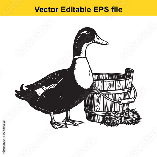 Black and white illustration of a duck standing next to a wooden bucket filled with hay