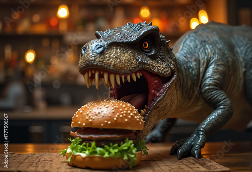 Hungy dinosaur and burger