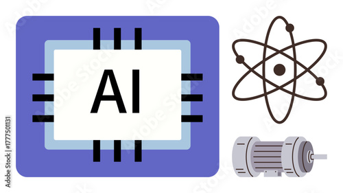 AI chip surrounded by microchip lines, atomic structure with nucleus and electrons, electric motor. Ideal for technology, engineering, AI, science education, innovation energy research. Simple flat