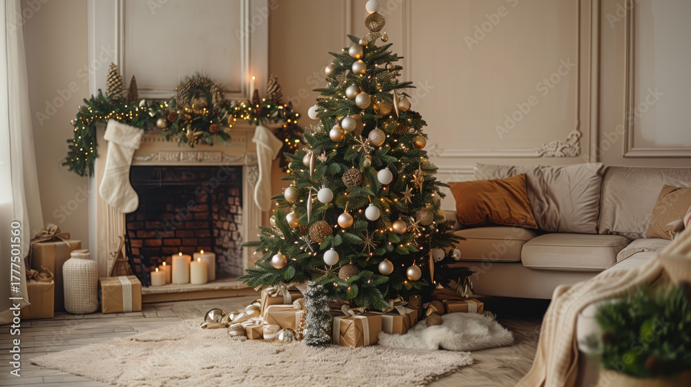 Obraz premium Christmas tree in the home Christmas interior. Beautiful Christmas background. Fireplace Lights Decoration, Hanging Socks. Garland. Gifts. Holiday decor. New Year's card 