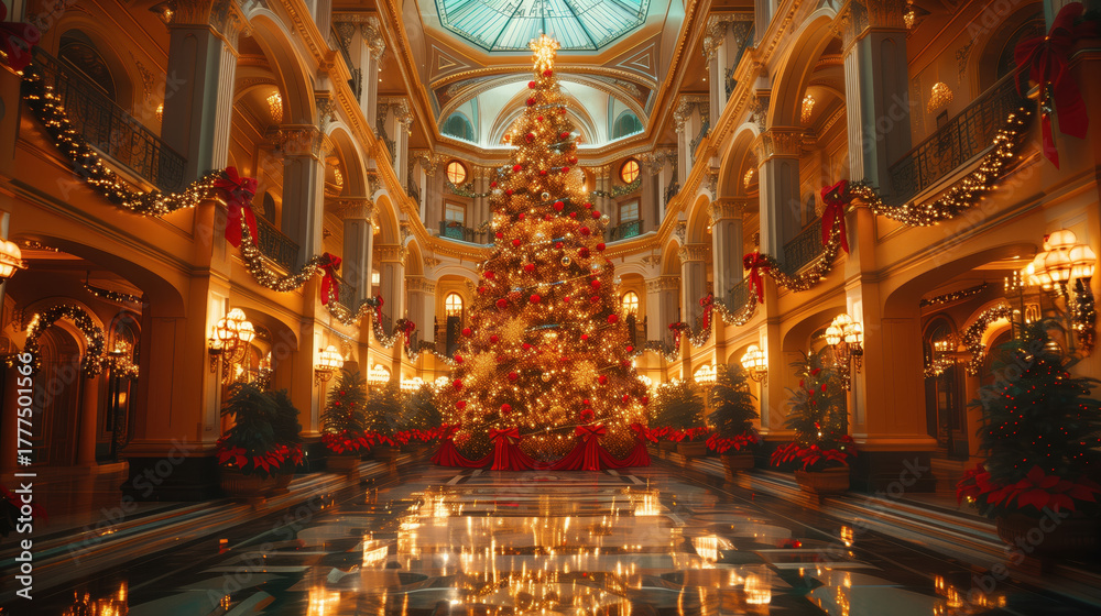 Obraz premium Christmas tree in the home Christmas interior. Beautiful Christmas background. Fireplace Lights Decoration, Hanging Socks. Garland. Gifts. Holiday decor. New Year's card