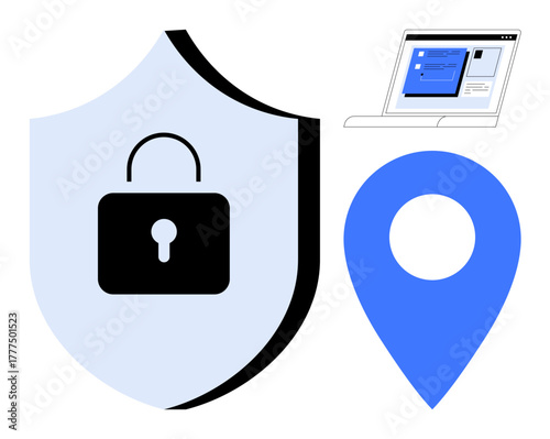 Shield with lock symbol, location pin, and laptop screen emphasizing online security, privacy, and location tracking. Ideal for cybersecurity, data protection, privacy, technology safety online