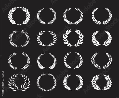 Set of white outline laurel icons.