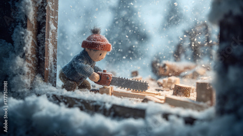 A person in winter gear cutting wood with a chainsaw, creating a scene of winter activity