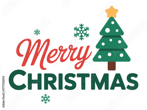 Merry Christmas text with a festive tree and snowflakes