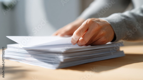 Close-up of a person flipping through a thick stack of white paper sheets on a wooden table in natural light