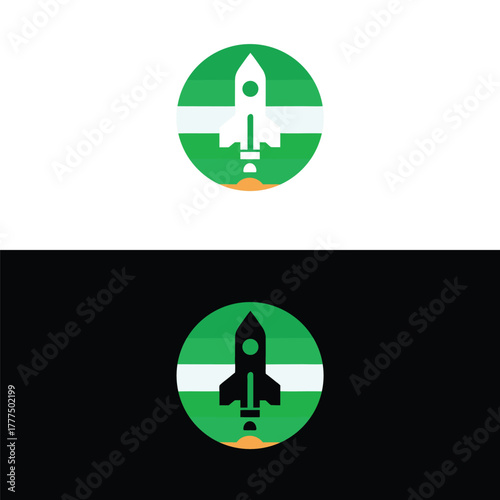 A dynamic green rocket logo design, isolated on white background, embodies innovation and progress, ideal for startups, tech companies, or any business aiming for rapid growth and success, symbolizing