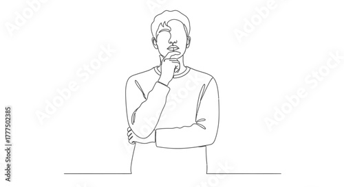 A person ponders with hand on chin, depicted in continuous line art.