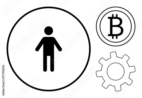 Minimalist design of a human figure in a circle, Bitcoin logo, and gear wheel. Ideal for cryptocurrency, fintech, technological innovation, business processes, blockchain, human-centered design