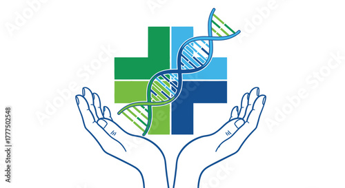 Two hands hold a plus sign with a DNA helix integrated into its center.