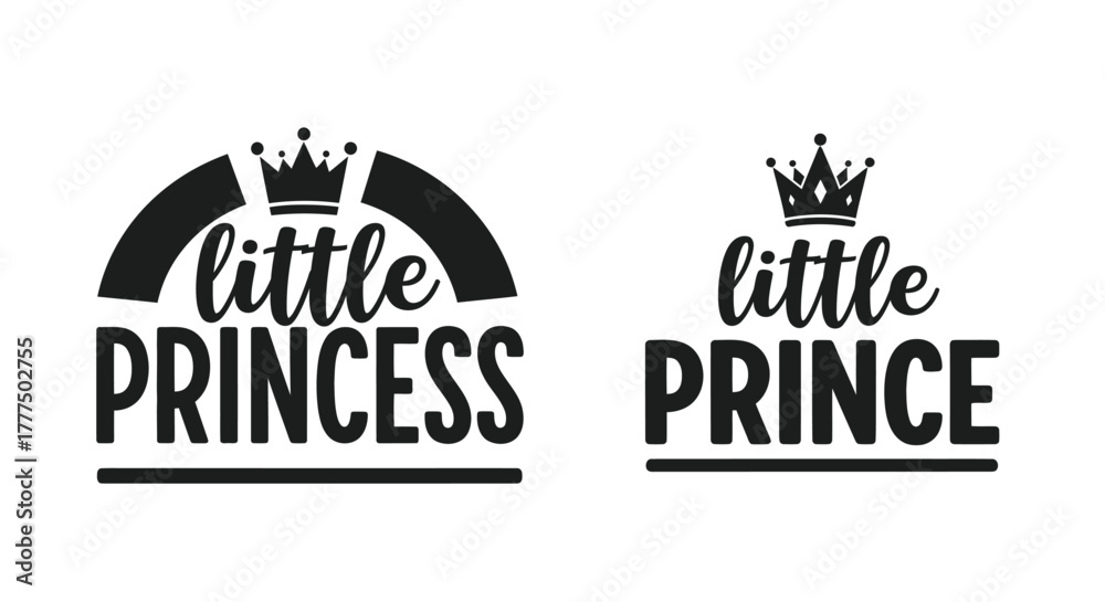 Fototapeta premium Little princess and little prince text with crown graphics isolated on white.