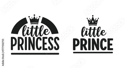 Little princess and little prince text with crown graphics isolated on white.