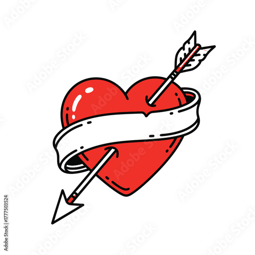 A red heart with an arrow through it and a banner wrapped around it, symbolizing love or affection.