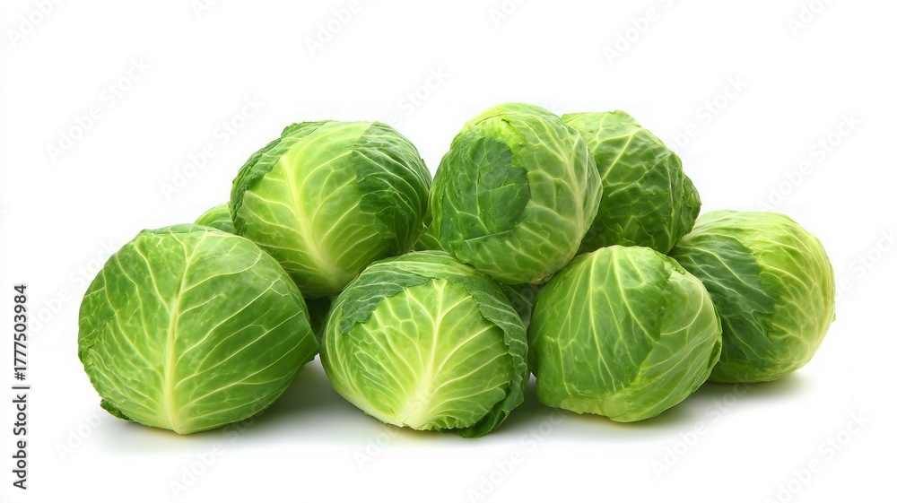 Fototapeta premium Vibrant green cabbages on white background. Artificial intelligence image