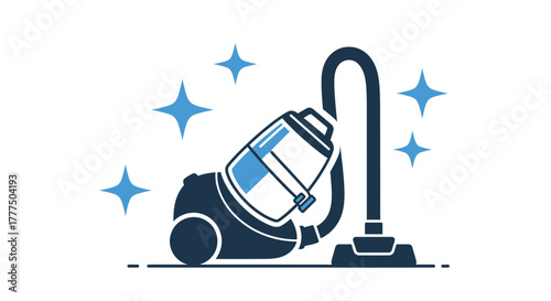 A blue vacuum cleaner is depicted surrounded by sparkling stars for a clean effect.