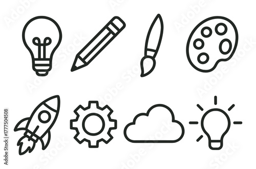 Creative icons: lightbulb, pencil, brush, palette, rocket, gear, cloud on brown background