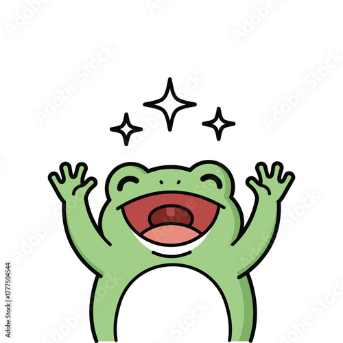 A happy cartoon frog with its arms raised in celebration and stars above its head.