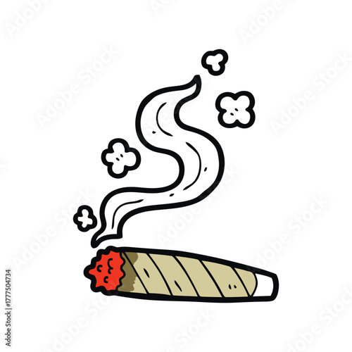 A lit marijuana joint with smoke rising from it on a white background.