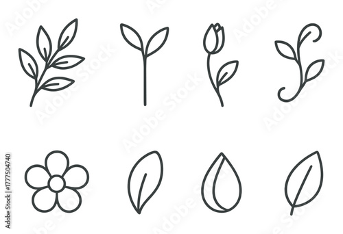 Minimalistic plant icons on dark background with leaf and flower designs