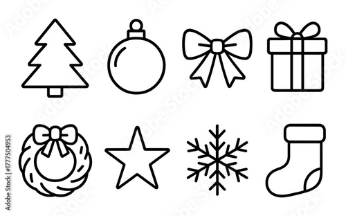 Christmas icons: tree, ornament, bow, gift, wreath, star, snowflake, stocking