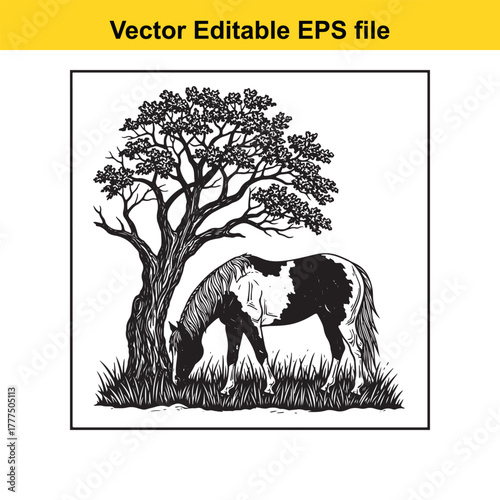 A black and white illustration of a horse grazing under a large tree, evoking a sense of peace and natural beauty