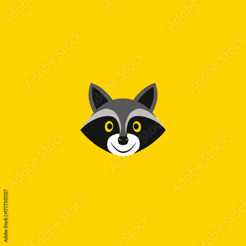 Cute cartoon raccoon face illustration on a vibrant yellow background. Flat vector design of a friendly wild animal head with a happy expression.