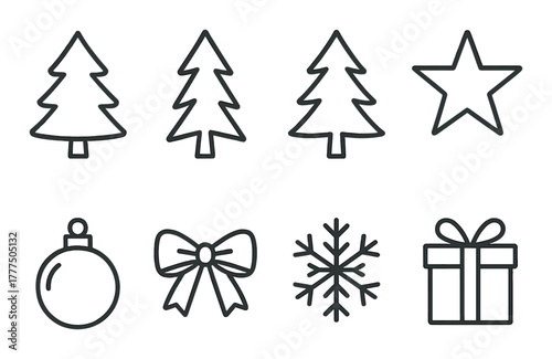 Set of christmas cookie cutter shapes: tree, star, ornament, bow, snowflake, gift box