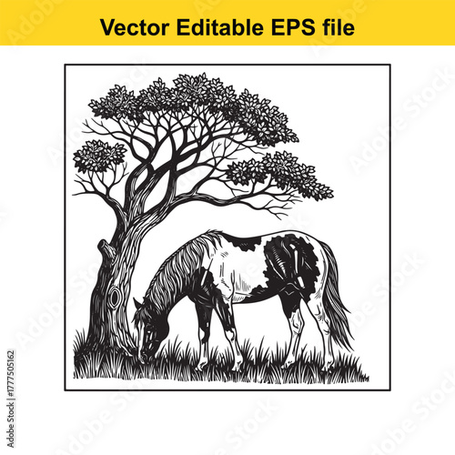 A black and white illustration of a horse grazing under a large tree, evoking a sense of peace and natural beauty